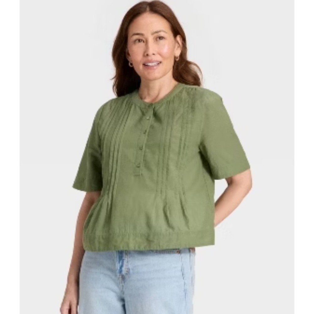 Women's Elbow Sleeve Button-Front Pintuck Blouse - Universal Thread size XL